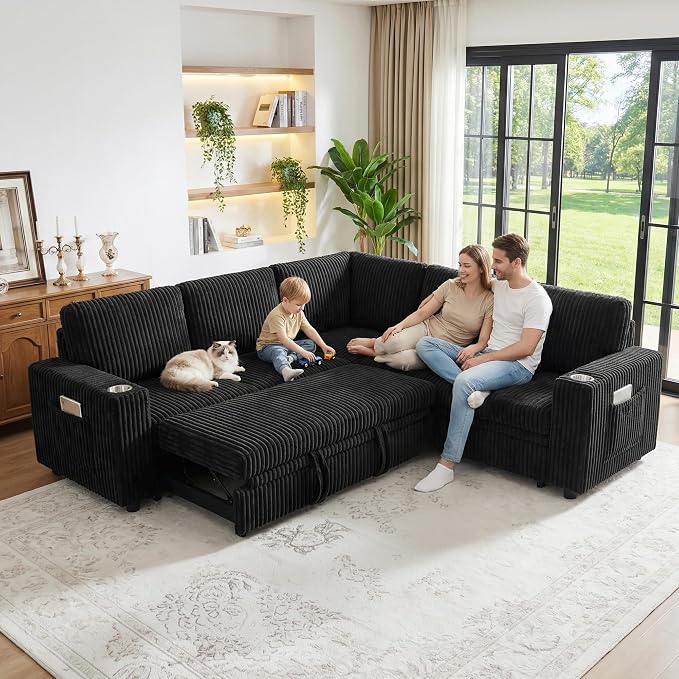 Sectional Sleeper Sofa with Pull Out Bed, 5-Seat L-Shaped, Black | Plush Corduroy Modular Couch with Hidden Storage, USB Charging & Cup Holders, Cozy Small Sectional Couches for Living Room.