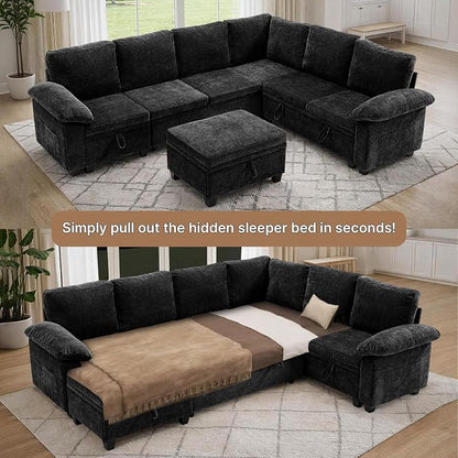 108" Modular Sectional Sofa Bed with Storage, L Shaped Pull Out Couch, Removable Chenille Sofa Cover for Living Room (Black, 7 Seat)