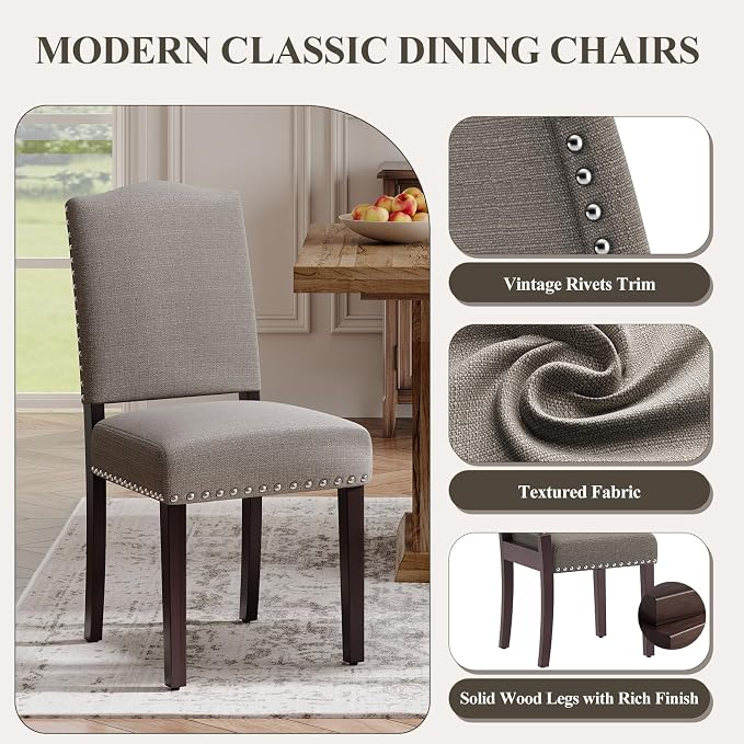 Upholstered Parsons Dining Chairs Set of 6, Modern Dining Room Chairs with Back, Fabric Kitchen Side Chairs with Wood Legs, Nailhead Trim for Dinner Farmhouse Restaurant, Taupe