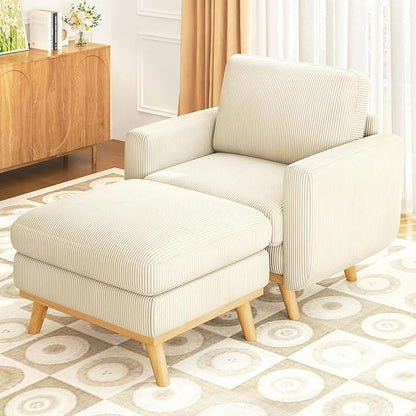 Vesgantti 38.5" Accent Chair with Movable Ottoman, Comfy Corduroy Armchair with Spring Cushion, Reading Chair with Ottoman, Modern Single Sofa for Living Room, Bedroom and Apartment, Beige