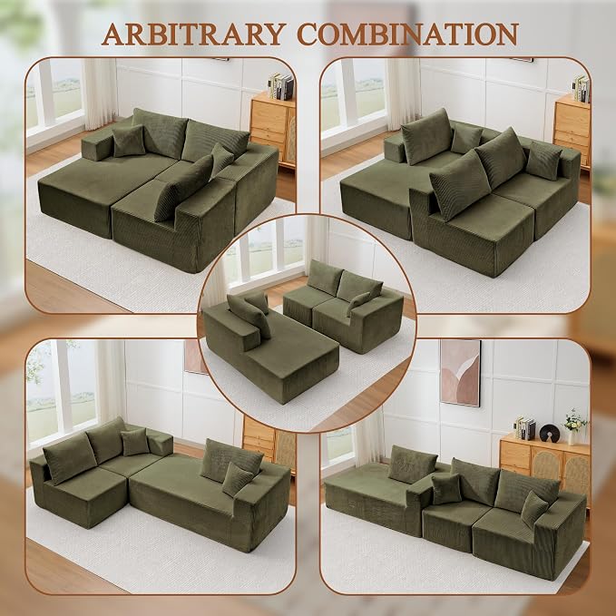 Modular Sectional Sofa for Living Room, 108" Cloud Couch Sectional with L-Shape Chaise, Modern Upholstered Corduroy Boneless Couch with Memory Foam Deep Seat, No Assembly Required (Green)