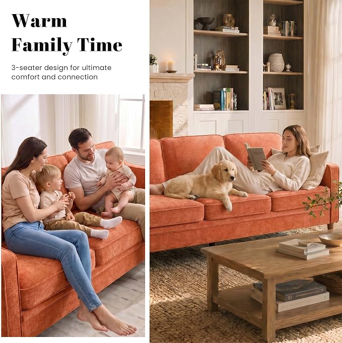 Kingfun 80" Chenille Sofa, 3 Seater Couch, Mid Century Modern Couches with Solid Wood Legs for Living Room Bedroom