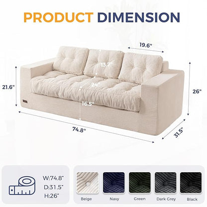 MAXYOYO 3-Seater Boneless Sofa Couch, Tufted Corded Sofa Lounge for Living Room, Comfy Bean Bag Chair High-Density Foam Couch with Pillows, No Assembly Required