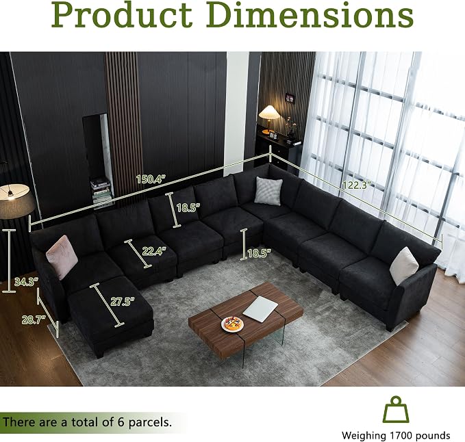150.4" Large Sectional Couches for Living Room, 8 Seater L Shaped Modular Sectional Sofa with Storage Ottoman & USB, Oversized Corner Couch for Living Room（Black）