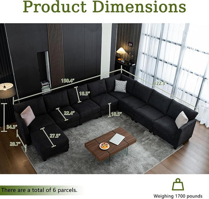 150.4" Large Sectional Couches for Living Room, 8 Seater L Shaped Modular Sectional Sofa with Storage Ottoman & USB, Oversized Corner Couch for Living Room（Black）