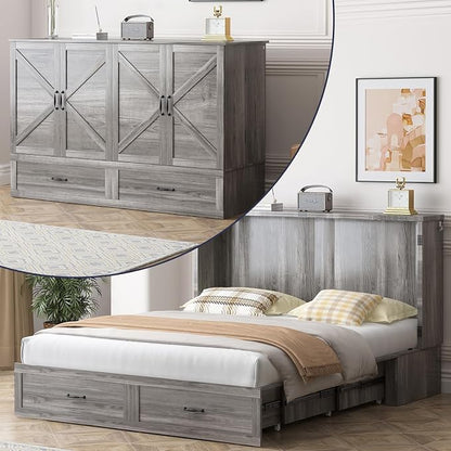 ijuicy Queen Murphy Cabinet Bed, with Mattress, Storage & Charge, Grey | Queen Murphy Bed Built-in multifunctional charging station & storage drawers, space-saving foldaway design for guest room.
