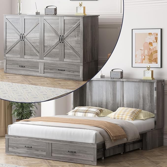 ijuicy Queen Murphy Cabinet Bed, Storage & Charge, No Mattress, Grey | Queen Murphy Bed Built-in multifunctional charging station & storage drawers, space-saving foldaway design for guest room.