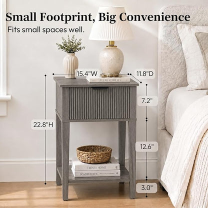 Weathered Gray 15" Wide Small Nightstand, Drawer, Open Shelf, Fluted | Weathered gray tone, ribbed fluted front, 11.8-inch slim depth, concealed storage, cool fit for sofa side or chair side