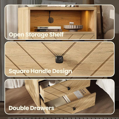 Modern Nightstand with Charging Station,LED Bedside Table with 2 Storage Drawers and Open Storage Cabinet,Wood Large End Table for Bedroom Furniture,Oak