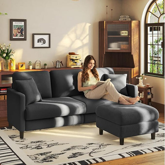 Welzona 83" Couches for Living Room, Teddy Sofa Couch with Storage Ottoman, L Shaped Couch with Movable Ottoman, Tool-Free Modular Sectional Sofa, All-Wood Sofas for Living Room 2 Pillows, Grey