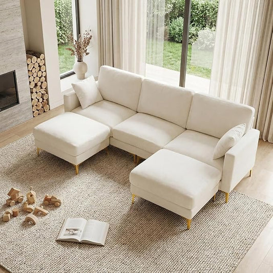 VINGLI 100" W U Shaped Couch with Ottoman, 22" Deep Seat Comfortable Sectional Couches for Living Room, 3 Seater Chenille Fabric Cloud Sofa for Apartment, Small Spaces, Bedroom, Beige