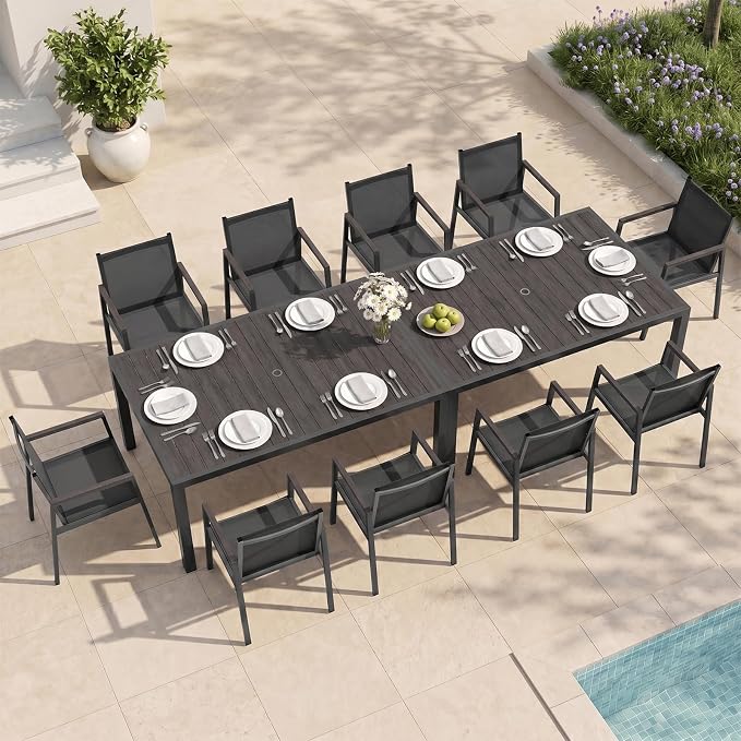 Outdoor Dining Set for 10, Aluminum Patio Table and Chairs Set, 12-Piece All Weather Patio Dining Furniture Set with Umbrella Hole for Backyard, Deck, Poolside (Charcoal)