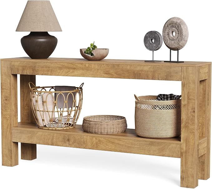 LITTLE TREE 63-Inch Long Console Table for Living Room, Farmhouse Wood Entryway Table for Sofa, Entry, Hallway, Entrance, Foyer, Behind Couch with 2-Tier Narrow Shelf, Oak