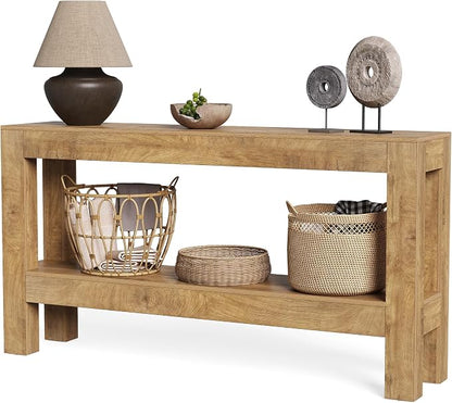 LITTLE TREE 63-Inch Long Console Table for Living Room, Farmhouse Wood Entryway Table for Sofa, Entry, Hallway, Entrance, Foyer, Behind Couch with 2-Tier Narrow Shelf, Oak