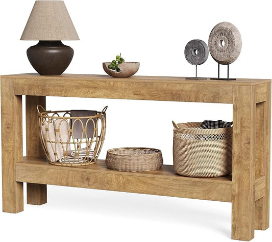 LITTLE TREE 63-Inch Long Console Table for Living Room, Farmhouse Wood Entryway Table for Sofa, Entry, Hallway, Entrance, Foyer, Behind Couch with 2-Tier Narrow Shelf, Oak