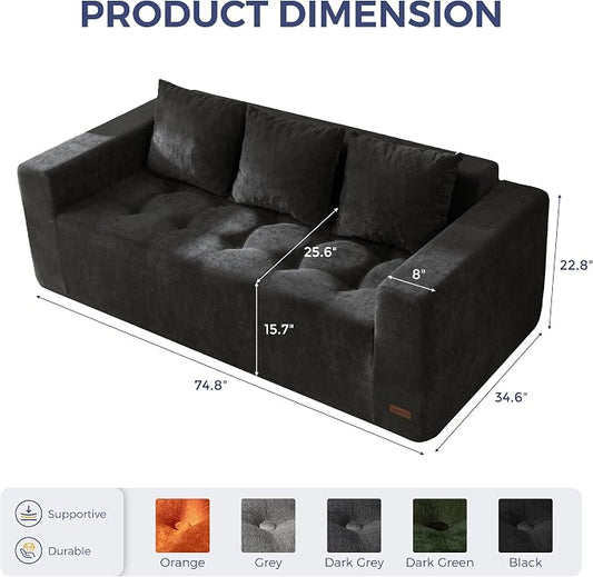MAXYOYO Modular Sofa Couch, 75" Oversized Loveseat Boneless Cloud Couch with Deep Seat, Chenille Upholstered Living Room Comfy Sofa Chair for Living Room, No Assembly Required, Black