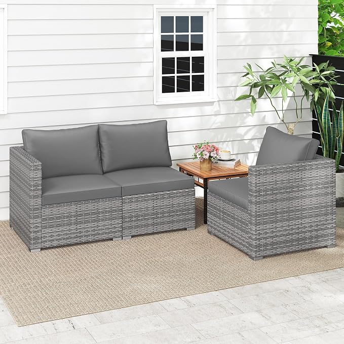 Tangkula 3 Seat Outdoor Wicker Sofa Set, Modular PE Rattan Patio Cushioned Sectional Couch Set, Outside Furniture Set for Deck, Backyard, Porch, Garden & Poolside (Grey)