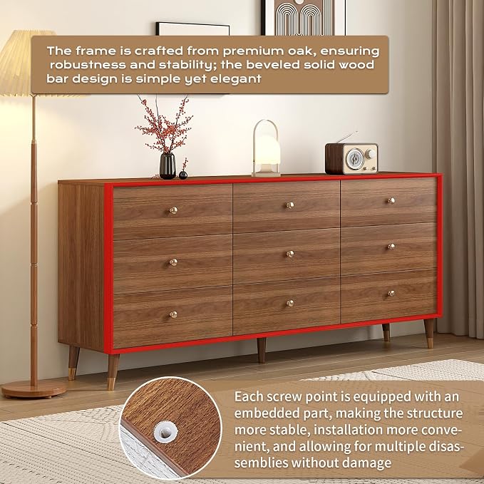 Messenya 9 Drawer Dresser for Bedroom, 63 Inch Walnut Dresser for Closet, Mid Century Wood Chest of Drawers with Natural Texture & Pre-Embedded Slots for TV Stand, Living Room, Hallway, Office