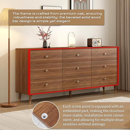 Messenya 9 Drawer Dresser for Bedroom, 63 Inch Walnut Dresser for Closet, Mid Century Wood Chest of Drawers with Natural Texture & Pre-Embedded Slots for TV Stand, Living Room, Hallway, Office