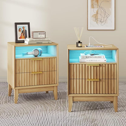 LVSOMT 20'W Fluted Nightstand Set of 2, Night Stand with Charging Station and LED Lights, RFID Lock Hidden Drawer, Mid Century Morden Bedside Table for Bedroom, Open Storage Cubby, Natural Oak