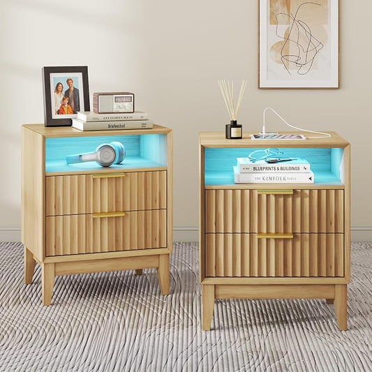 LVSOMT 20'W Fluted Nightstand Set of 2, Night Stand with Charging Station and LED Lights, RFID Lock Hidden Drawer, Mid Century Morden Bedside Table for Bedroom, Open Storage Cubby, Natural Oak