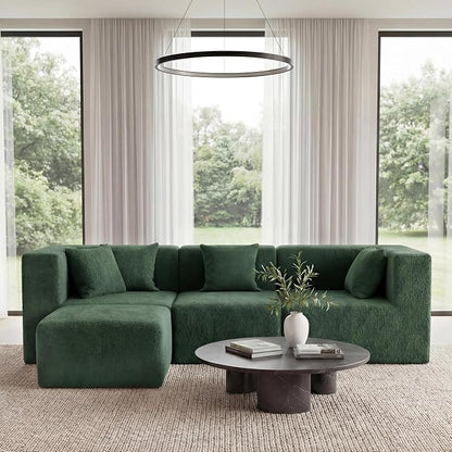 MONVANE 103'' Modular Sectional Sofa, Comfy Teddy Velvet Cloud Couch with Ottoman, Modern Convertible L Shaped Couch with Deep Seat, Sectional Couches for Living Room, Bedroom and Apartment, Green