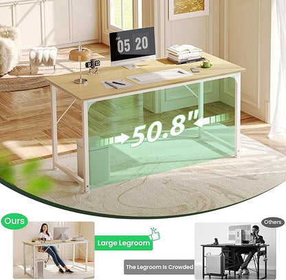 Huuger Computer Desk, 54 Inch Office Desk, Gaming Desk with Storage, Writing Desk Work Desk for Home Office, Study, Modern Simple Desk, Large Legroom, Metal Frame, Maple