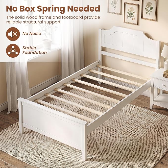 Giantex Twin Size Wooden Bed Frame with Headboard, Wood Slat Support | Farmhouse Platform Bed with Heavy Duty Mattress Foundation, Under-Bed Storage, No Box Spring Needed, Easy Assembly (White)