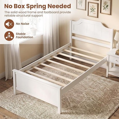 Giantex Twin Size Wooden Bed Frame with Headboard, Wood Slat Support | Farmhouse Platform Bed with Heavy Duty Mattress Foundation, Under-Bed Storage, No Box Spring Needed, Easy Assembly (White)