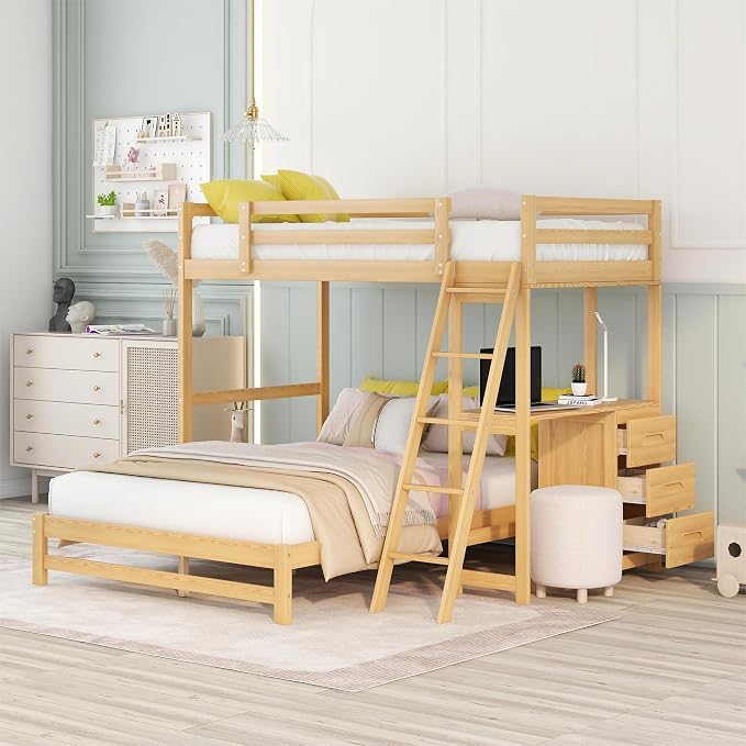 Ball & Cast Twin Over Full Bunk Bed with Safty Guardrail & Stair,Solid Wood Construction W/Built-in Desk & 3 Drawers,Can Divided Into 2 Bedframe,Easy Assembly,for Boy Girl Teen Adult Bedroom,Natural
