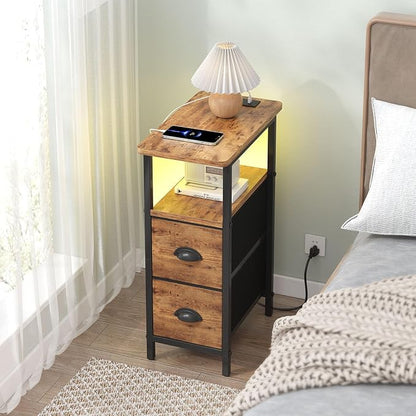sthmec Narrow End Table with Charging Station, Narrow Side Table with 2 Fabric Drawers, LED End Table, Slim Nightstand with LED Light, Small Side Table for Small Space,Living Room,Bedroom,Rustic Brown