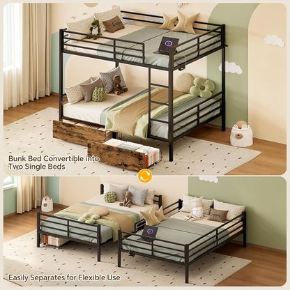 Full Over Full Metal Bunk Bed with 2 Rolling Under-Bed Storage Drawers | Charging Station, Stable Square Tube Frame, Converts to Separate 2 Twin Beds, Full Safety Guardrails & Ladder for Bedroom
