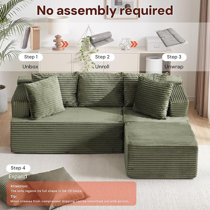 Korser Boneless Couches for Living Room, Cloud Couch Sectional with Ottoman, L-Shaped Sofa with Fluffy Comfy Corduroy Deep Seat, Bedroom, Apartment, No Assembly Required