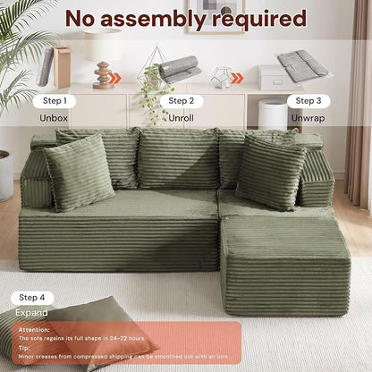 Korser Boneless Couches for Living Room, Cloud Couch Sectional with Ottoman, L-Shaped Sofa with Fluffy Comfy Corduroy Deep Seat, Bedroom, Apartment, No Assembly Required
