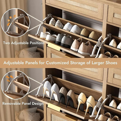 HOKYHOKY Large Rattan Shoe Storage Cabinet with 4 Flip Drawers & 2 Storages–Hidden Slim Shoe Organizer for Entryway, Large Tabletop Space, Farmhouse Boho Narrow Shoe Rack, Rustic Oak