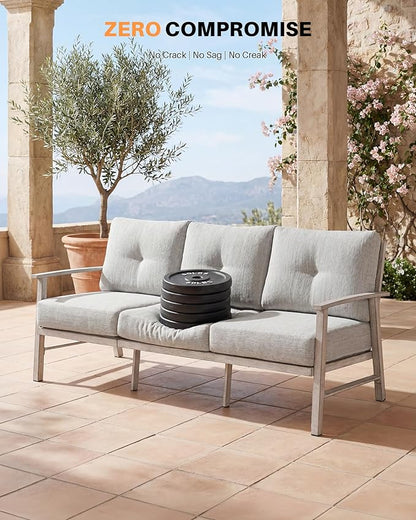 3 Seats Patio Furniture Sofa, Outdoor Aluminum Couch with 5.9'' Soft Cushion, 3-Seater All-Weather Outdoor Patio Furniture Sofa Couch for Balcony, Poolside, Lawn, White Oak