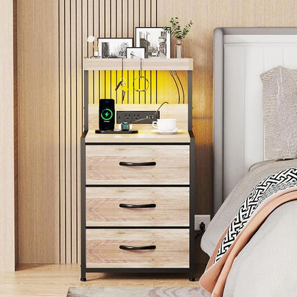 SZLHANJZ Night Stand Set 2 with LED Lights for Bedroom, Bedside Nightstands with Power Outlet and Type C Port, Matching Tables with 3 Fabric Drawers, Hooks, and Shelves, Greige