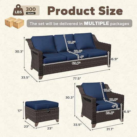 6 Pieces Patio Conversation Furniture Set - 2 Sofas, 2 Armchairs, 2 Ottomans, Outdoor Wicker Furniture with Removable Cushions for Porch, Balcony, Sunroom (Blue)
