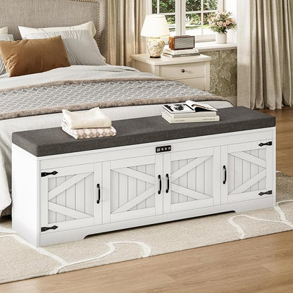 UPOSOJA 60“ Farmhouse Shoe Storage Bench with Deodorizing, Entryway Storage Bench with Cushion Seat, 4 Doors Freestanding Hidden Shoe Rack, Adjustable Shelf, for Bedroom, Living Room (White, 60IN)
