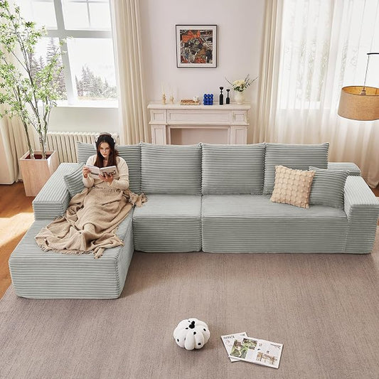 135" Cloud Sectional Couch with L-Shape Chaise, Upholstered Corduroy Couches Sleeper Chaise Longue, Modern Modular Comfy Deep Seat Sofa for Living Room Bedroom, No Assembly Required, Grey