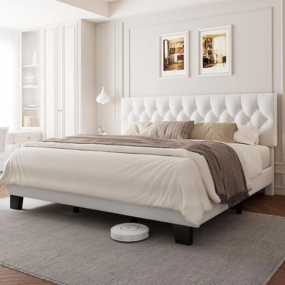 Einhomn King Size Upholstered Bed Frame with Headboard, Tufted Button Linen Bed Base, Platform Bed with Heavy Duty Wood Slat Support, No Box Spring Needed, Easy Assembly, Noise-Free, White