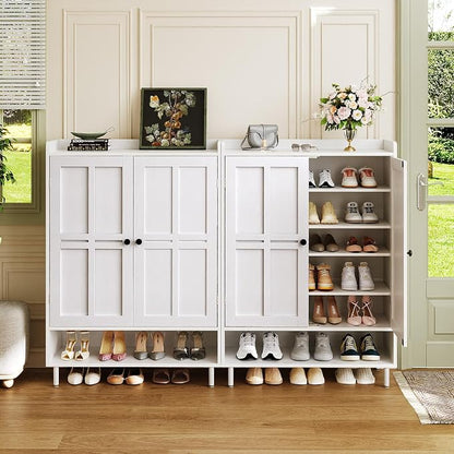 ComfyCorner White 7+1 Tier Farmhouse Shoe Storage Cabinet - 45" Tall Entryway Organizer with Cross Molding Doors, 3 Adjustable Shelves & Metal Legs, Shoe Rack for Front Door Entrance