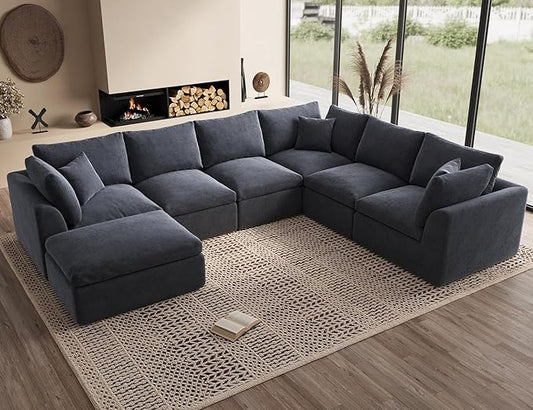 ohllob Oversized Cloud Couches for Living Room, Convertible Sectional Couch with Ottoman, 7 Seater Large Modular Sectional Sofa, Grey