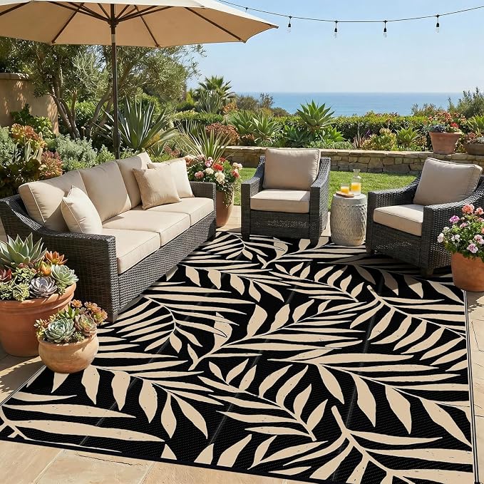 Smiry Outdoor Rug 6x9 ft, Waterproof Reversible Plastic Straw Rugs, Outdoor Area Rug with Leaf Pattern, Outside Floor Mat for Patio, Backyard, Deck, Picnic, Beach, Camping, Black & Beige