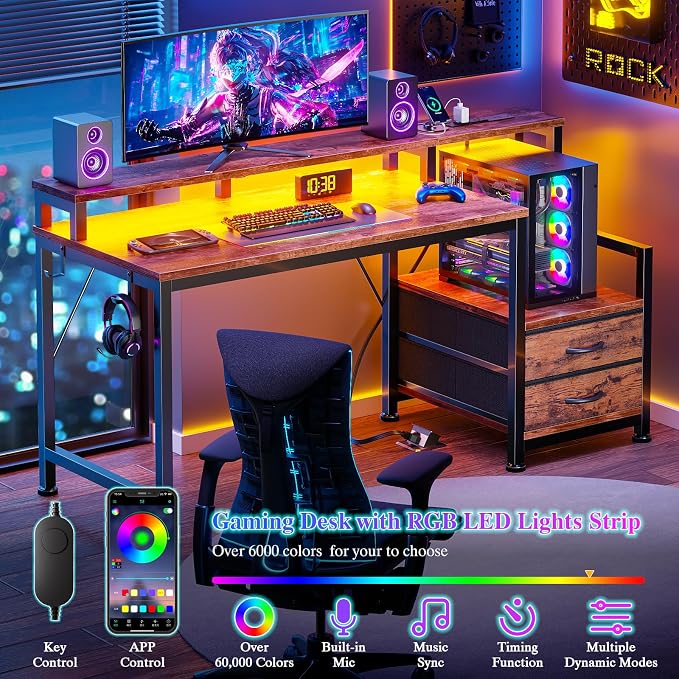 Furologee 47" Gaming Desk with LED Lights & USB-C Port, Reversible Computer Desk with Monitor Stand, Storage Shelves & 2 Fabric Drawers, Home Office Desk with Power Outlets & Hooks, Rustic Brown
