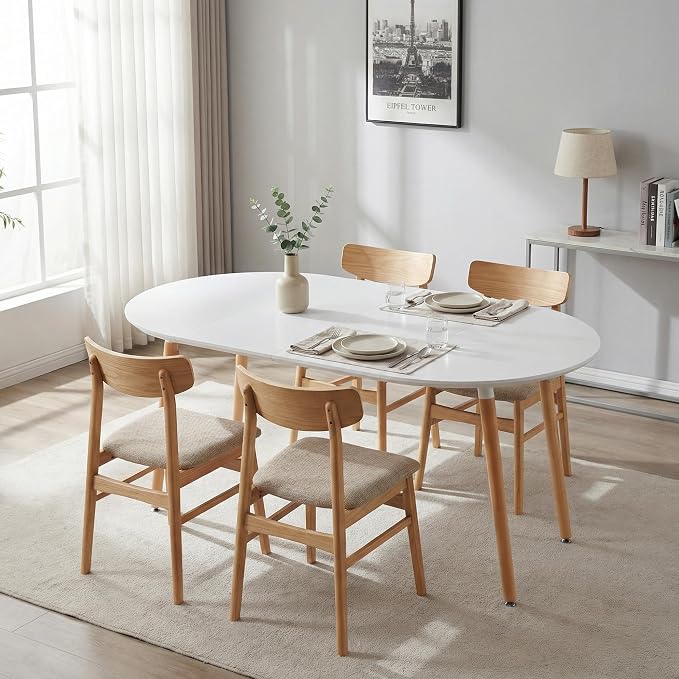 Extendable Round Dining Table for 4 6 Wooden Dining Room Table 39" to 70" Modern Kitchen Table for Dining Room Office Expandable Oval Dinner Table with MDF Top and Wood Legs White
