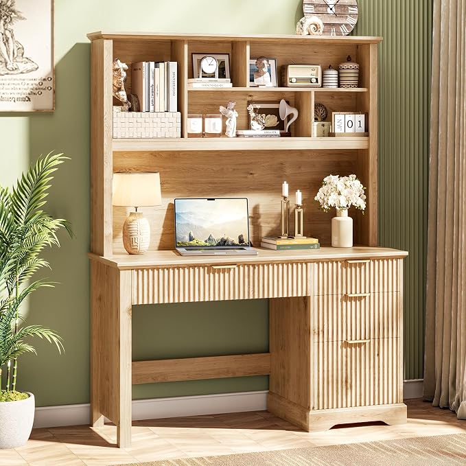 Vabches Fluted Executive Desk with Drawers, Wood Computer Desk with Ample File Drawer, Home Office Desk with Hutch for Study, Bedroom, Living Room, Oak
