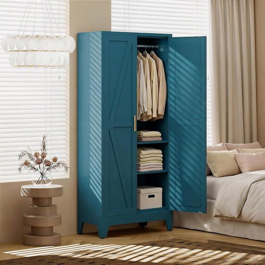 71" H Blue Armoire Wardrobe Closets,Metal Wardrobe Closet with Doors and Shelves