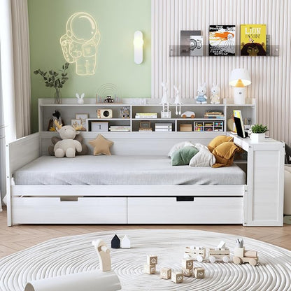 Merax Full Size Wood Daybed, Corner Bed Frame with Storage Shelves, 2 Drawers & Study Desk & Built-in Workspace, Multi-Functional Wooden Bed Space-Saving for Bedroom, Dorm, Guest Room, Antique White