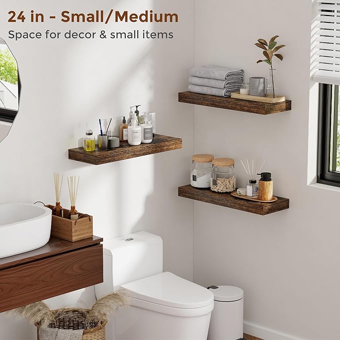 Heimlove 12 Inch Floating Shelves for Wall Rustic Brown Shelves Set of 2,Wall Mounted Rustic Wood 8 Inch Deep Floating Shelf with Invisible Brackets for Bedroom Kitchen Living Room